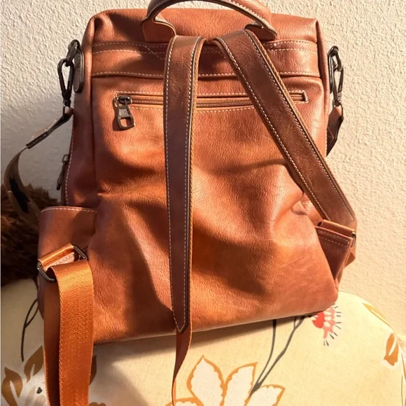 Vintage Tan vegan Leather Backpack with Patterned Strap - Picture 5 of 11